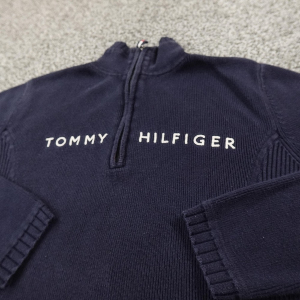 VTG Tommy Hilfiger Sweater Womens L Blue Logo 1/4 Zip Ribbed Knit Pullover Y2K